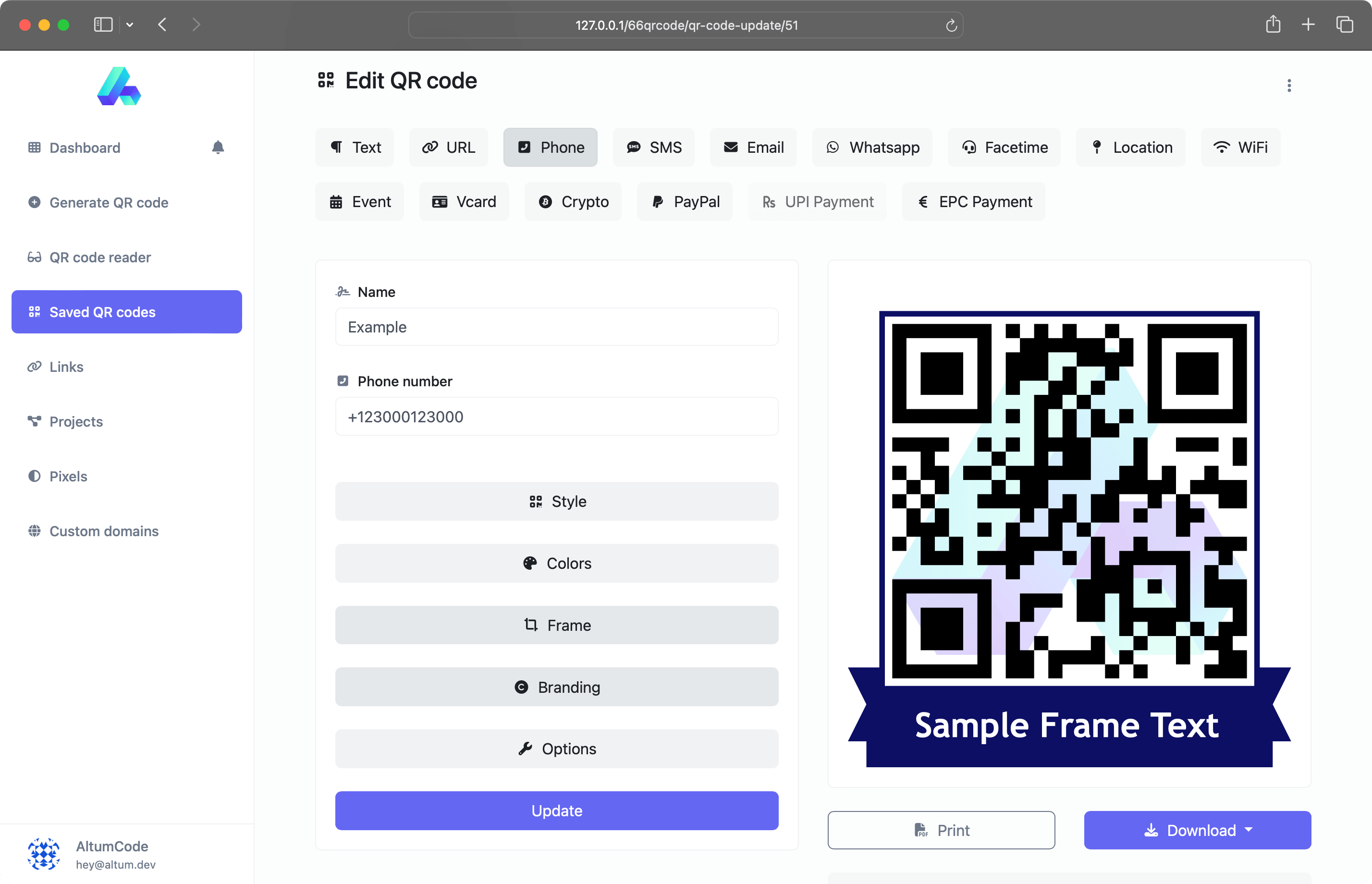 Captura de tela da página do gerador de código QR